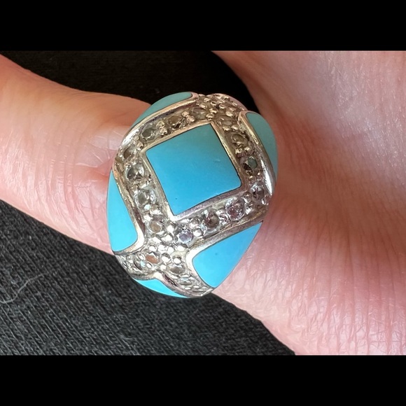 Sterling dome ring with Diamonique and turquoise colored inlay - Picture 2 of 6